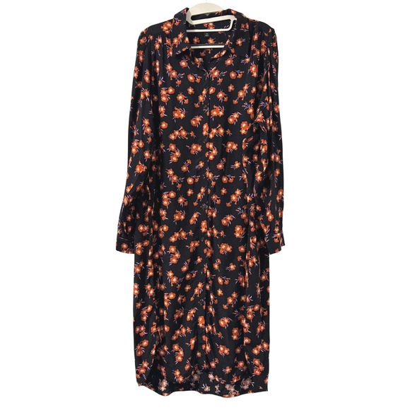 Ann Taylor Dresses & Skirts - Ann Taylor Dress XL Petite Floral Black Orange Midi Button Down Long Sleeve